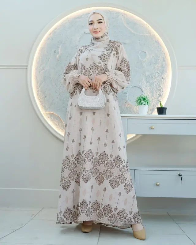 Gamis Set Hijab Motif Cuci Gudang Promosi Wanita Muslim Nyaman Dress Dewasa Lebaran 0