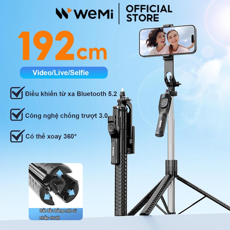  WEMI M50 Chân máy Với điều khiển từ xa Bluetooth Xoay 360 độ Chân máy chụp ảnh điện thoại Bluetooth 190cm dạng ống lồng Thích hợp cho quay Vlog trực tiếp Tương thích với tất cả các camera hành động di động 