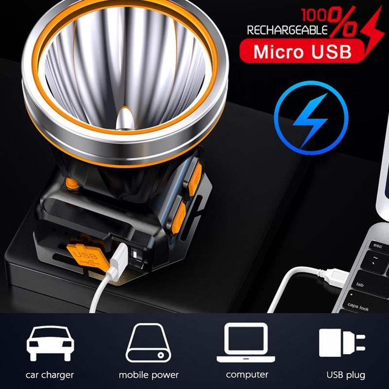 Đèn pha Led, Mạnh mẽ, Ánh sáng vàng và trắng, Pin tích hợp, Không thấm nước, Có Thể Sạc Lại USB, Đèn pin đội đầu 3