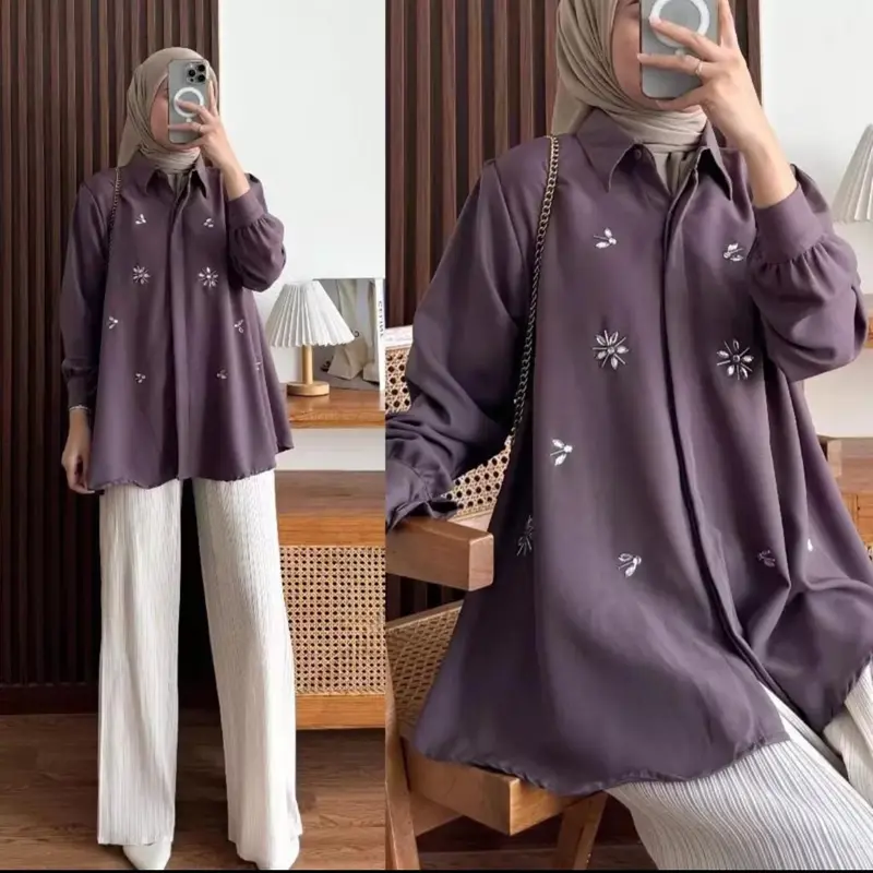Kinaya Shakila blouse kemeja atasan fashion wanita kekinian Formal Kancing Muslim Panjang Santai Casual Hitam Katun Linen Kerja Basic Putih Crinkle Baju Airflow Oversize 2