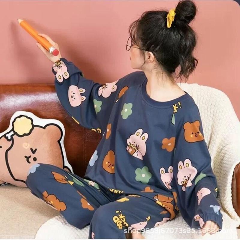 Bộ đồ ngủ mặc ở nhà nữ dễ thương quần dài tay họa tiết hoạt hình thời trang Bộ…