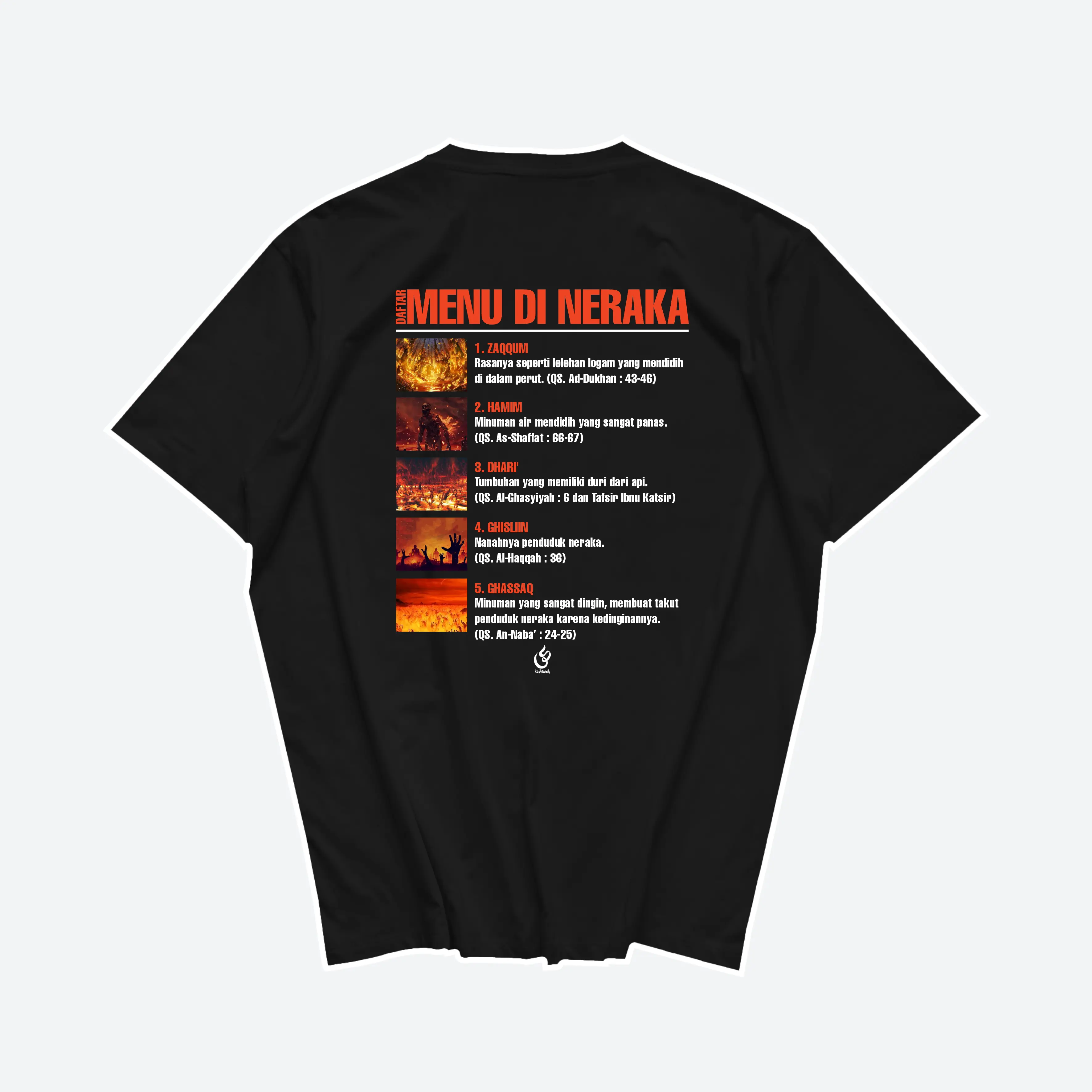 Kepswah - Kaos Daftar Menu Di Neraka - Kaos Dakwah Islami - T-Shirt Viral Cotton Combed 24s Pria Unisex