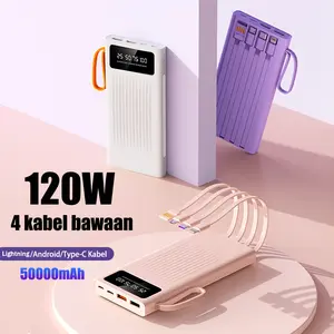 120W Powerbank 50000mAh fast Charging bank daya seluler Kabel bawaan Type C Micro USB IOS