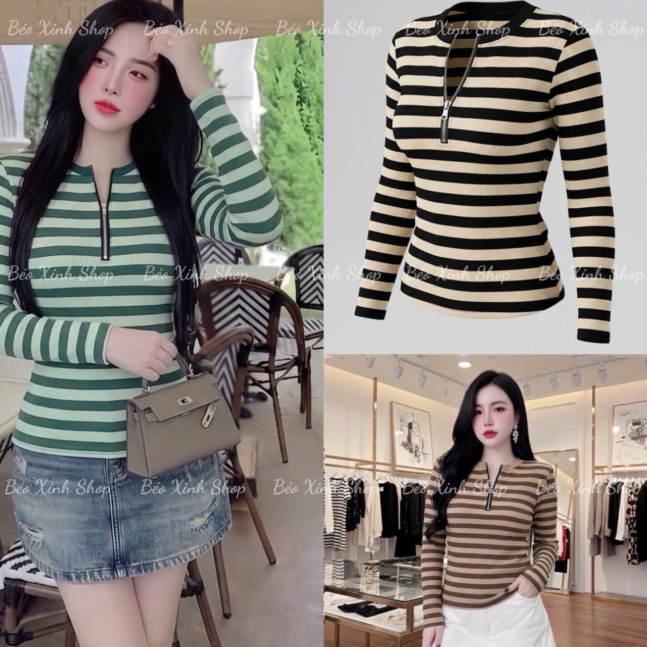 Áo Thun Nữ Tay Dài Phối Cổ Dây Kéo Vải Thun Tăm 45- 90Kg Bigsize Dễ Thương Top Nữ Women - A.1537