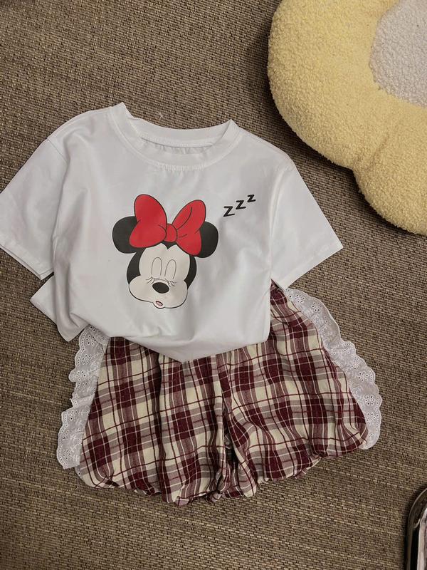 Set Áo Thun Trắng Mickey Nơ Đỏ Kèm Quần Bí Caro Đỏ Đậm Viền Ren 91E Dành Cho Bé Gái