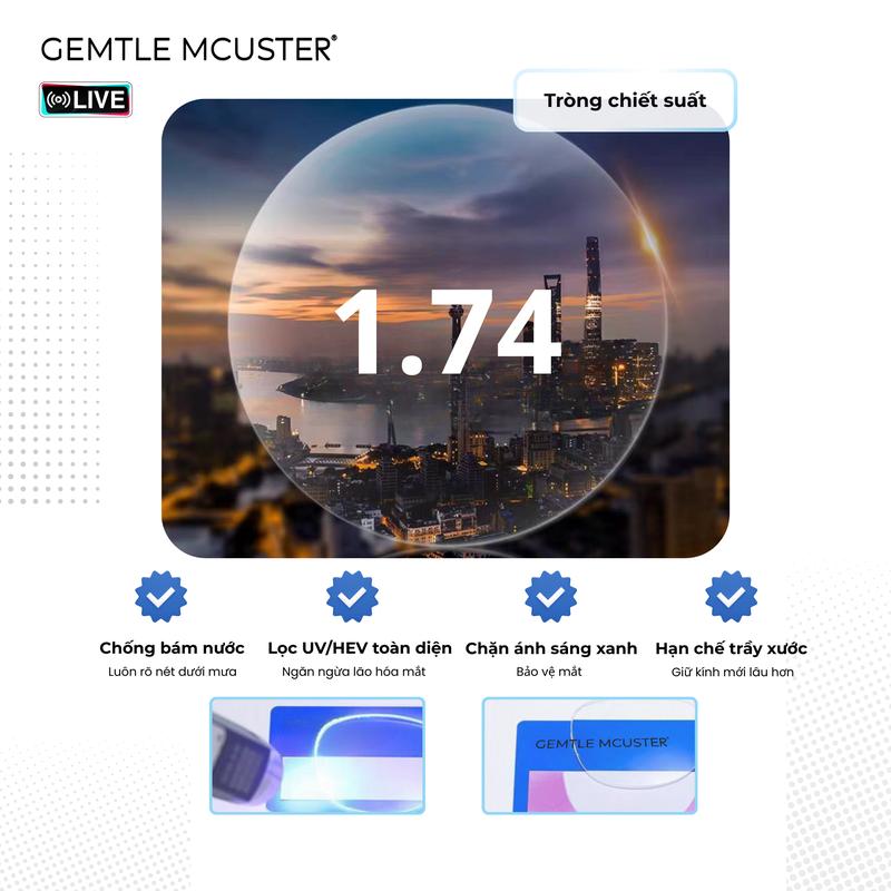 【Tặng Gọng】GEMTLE MCUSTER 1 Cặp Tròng Kính Chiết Suất 1.74 Lọc Ánh Sáng Xanh…