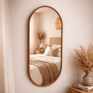 Cermin Dinding Bentuk Oval kapsul dengan Bingkai Hitam  coklat dan cream untuk Dekorasi Ruang Tamu dan Kamar Tidur ukuran 40x86cm