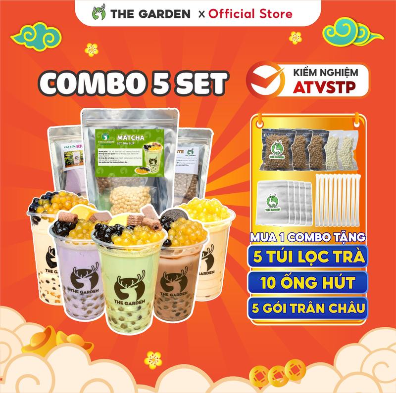 COMBO 5 SET TRÀ SỮA NẤU 50-60 LY (Đường đen, matcha, chocolate, khoai môn, việt quất) - TẶNG 10 Ống hút, 5 túi lọc trà, công thức nấu - THE GARDEN - Tea, trà