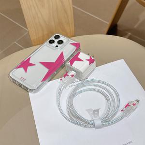 Set de 6 Piezas Funda para celular estrella transparente, Cubierta para cabeza de cargador, Protector de cable, Cuerda de almacenamiento, Protección para línea de datos, Apto para iPhone 6-17 Pro Max