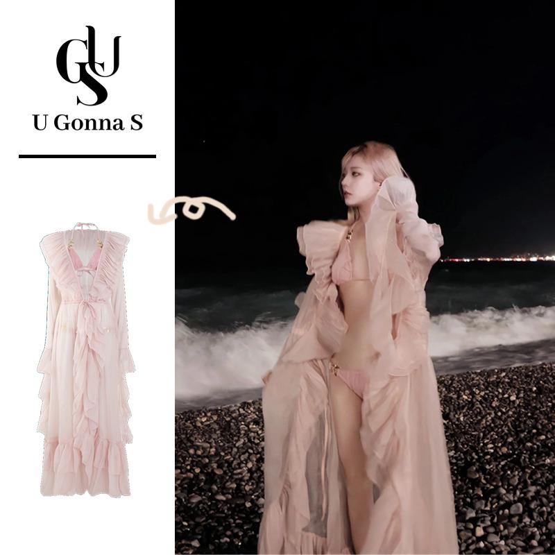 Bộ đồ bơi hai mảnh trang phục đi biển Áo Tắm Phụ Nữ Sexy nâng Đệm 3 Mảnh 2024 phong cách mới Với Dài Bìa Lên V Cổ Tay áo dài eo cao Dễ Thương Thời Trang Căng Ra bikini pinky nó kìa Voi Women Top Màu Hồng