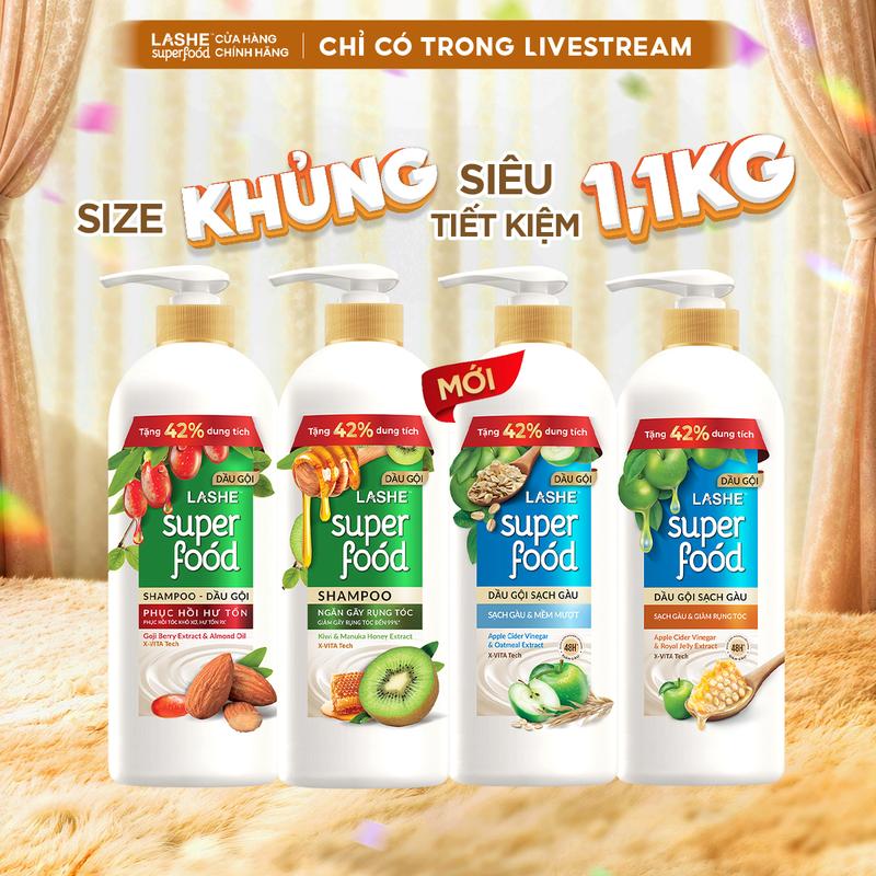 [MỚI - TẶNG 42% DUNG TÍCH] Dầu Gội LASHE SUPERFOOD Ngăn Rụng Tóc/Phục Hồi Hư Tổn/Sạch Gàu Giảm Rụng/Sạch Gàu Mềm Mượt 1.1KG [V]