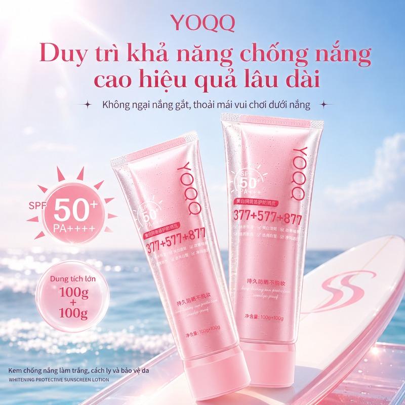 Kem Chống Nắng Cách Ly Dưỡng Trắng YOQQ ️ - Ống Đôi 100g+100g | SPF50+ PA++++ | Công Thức 3 Thành Phần Vàng: 377+577+877, Hỗ Trợ Chống Nắng 24h, Làm Mờ Nám, Dưỡng Sáng Da & Cấp Ẩm | Có Chứng Nhận Đặc Biệt (200g)