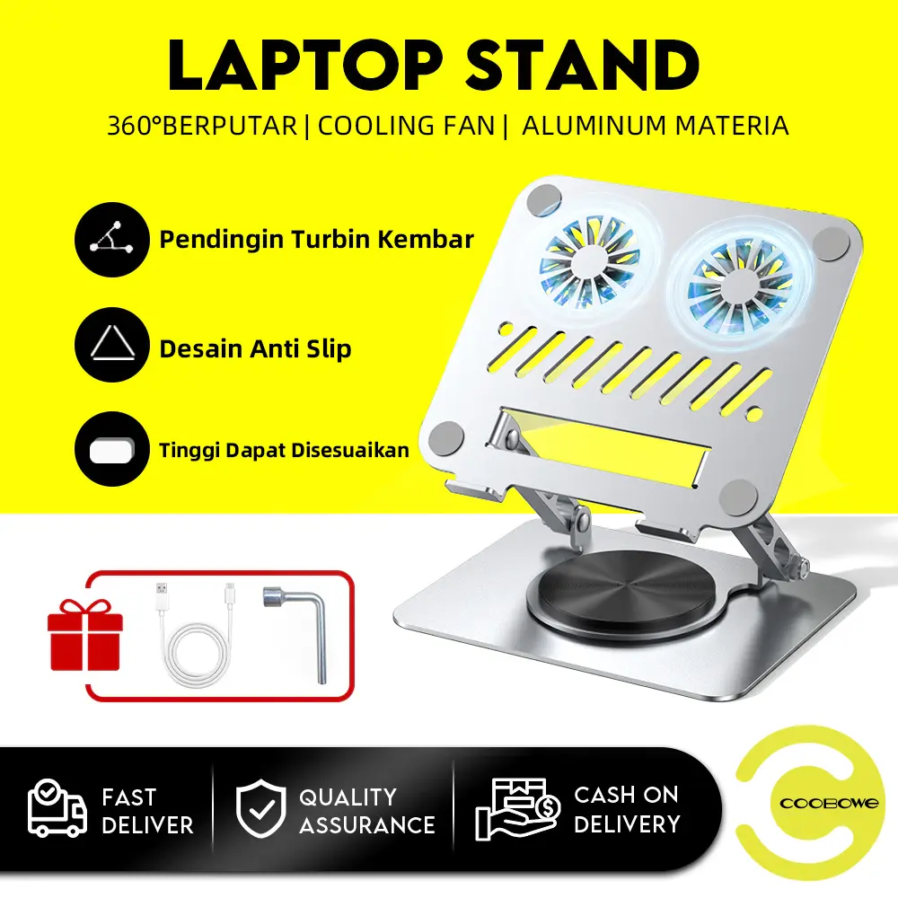 COOBOWE Aluminium Cooling Laptop Stand 360° Rotatable Bisa Dilipat Portable Laptop Stand with Fan Dudukan Notebook Desktop Stand Komputer stand laptop aluminium kipas angin portable