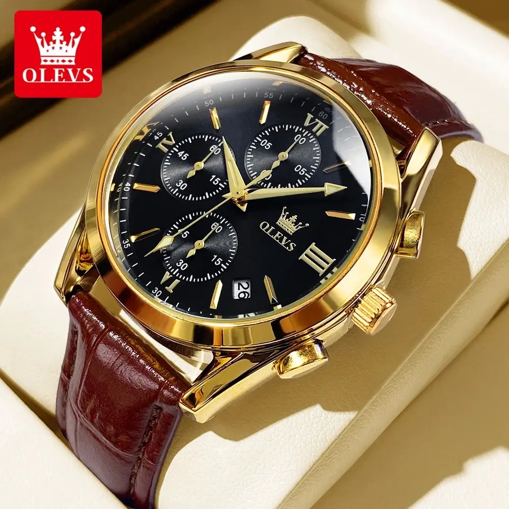 OLEVS Jam Tangan Pria Kulit Original Anti Air Kalender Otomatis kronograf Luminous Analog Watch 2872