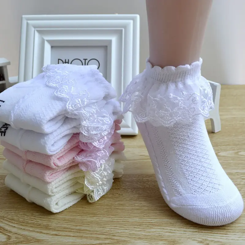 Baby Girls Socks With Lace Decor Lovely Solid Color Breathable Princess Short Socks for Toddler
