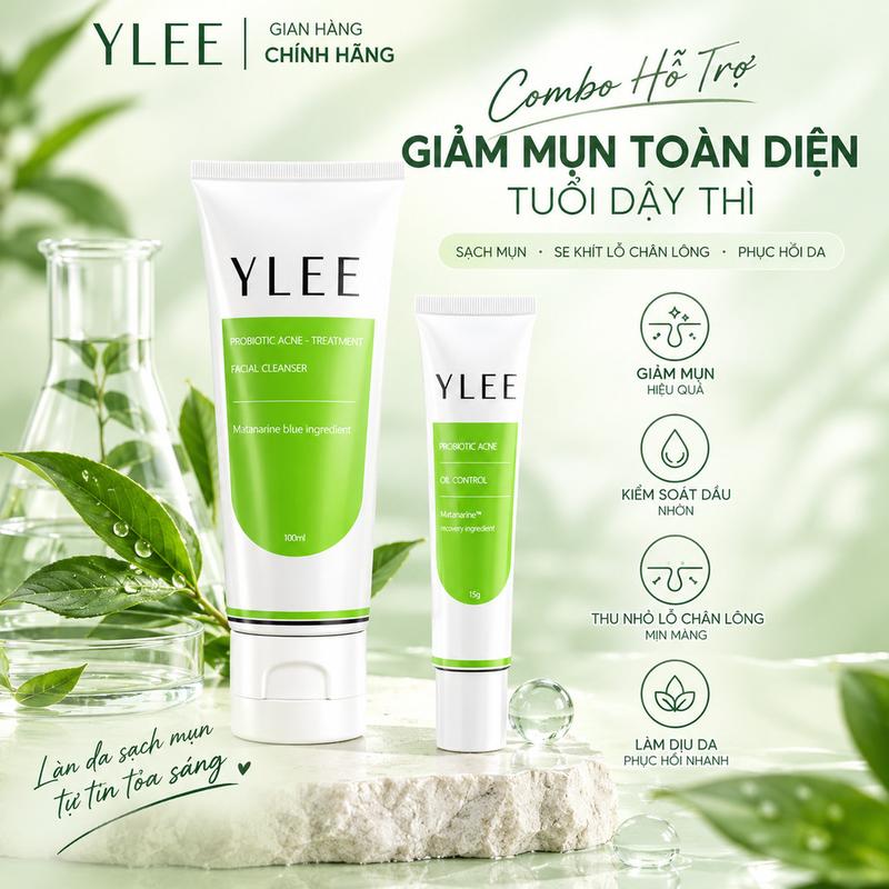 Combo YLEE Sữa Rửa Mặt 100ml + Gel Bôi Mụn 15g Hỗ Trợ Giảm Mụn Cho Da Dầu Mụn