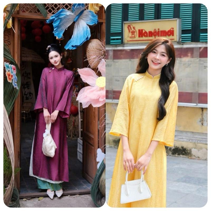  Áo dài Voan tơ óng 4 tà cổ cao màu VÀNG – Tươi sáng quý phái-TS04 