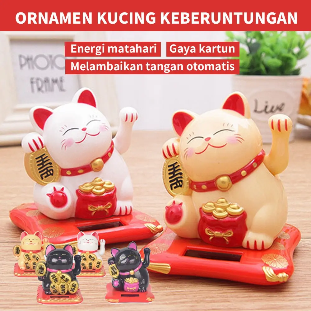 Lucky Cat Maneki Neko Solar Gerak – Kucing Hoki Pembawa Rejeki Pajangan Dashboard Mobil & Meja Kerja