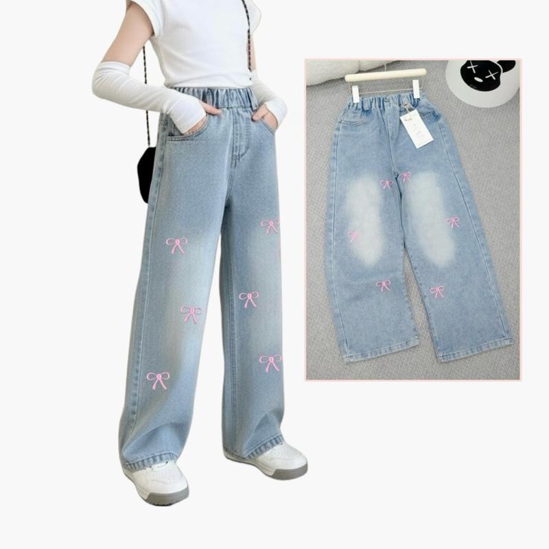 16kg-50kg Quần bò jean ống rộng bé gái thêu nơ hồng màu xanh sáng rất sang chất và nổi bật cho bé 10 tuổi