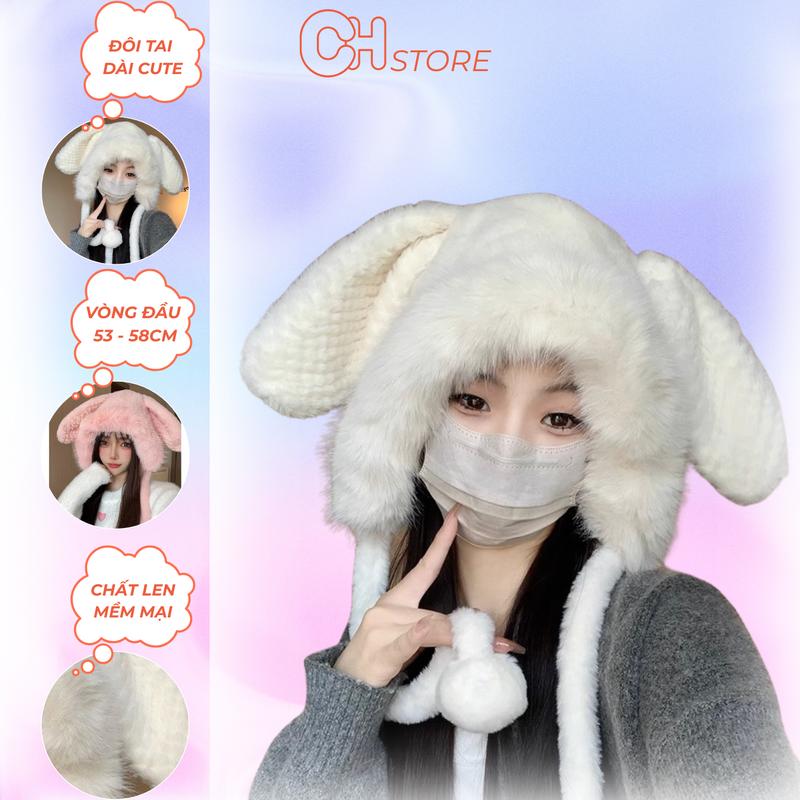 Mũ len chùm đầu hoạ tiết đôi tai dài đáng yêu đội ấm thu đông Hoa Women