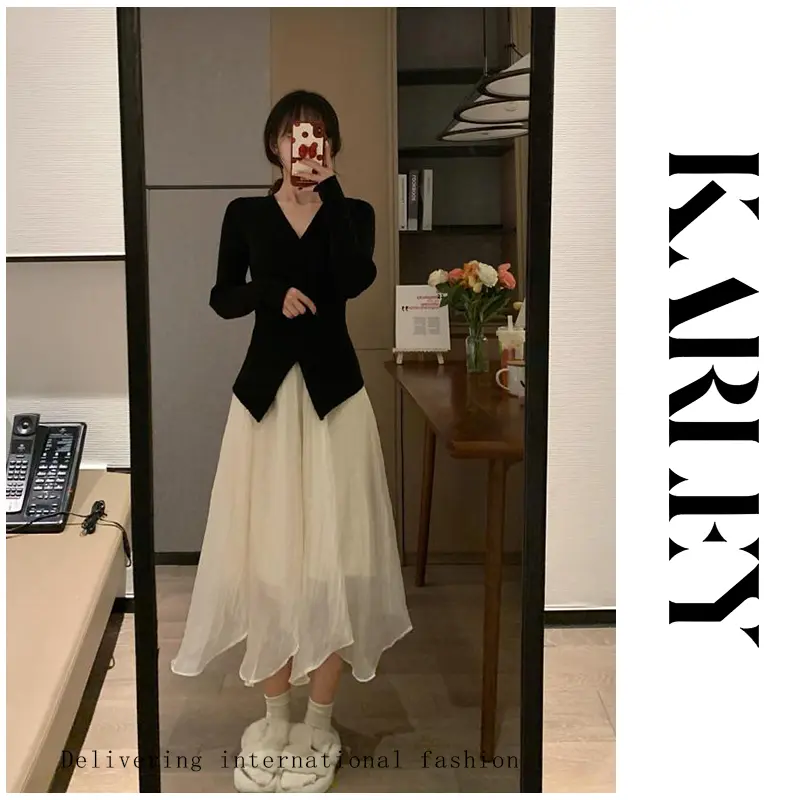 KARLEY Atasan Wanita V-neck Terbaru Sweater Rajut Ketat Lengan Panjang top knitwear