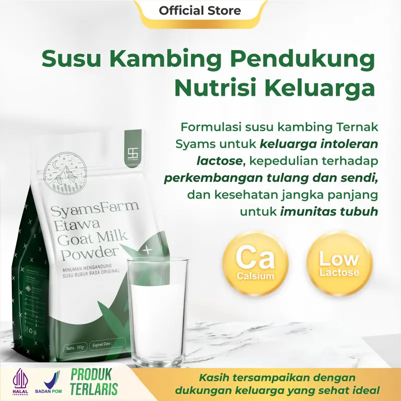 Ternak Syams Susu Kambing Etawa Bubuk Rasa Original 500 gram alami rendah gula terapi ISPA sesak nafas berat asma tuberkulosis peradangan paru paru pemula akut batuk berdahak imunitas lemah anak anak orang tua lansia dewasa rendah laktosa nyeri sendi 1