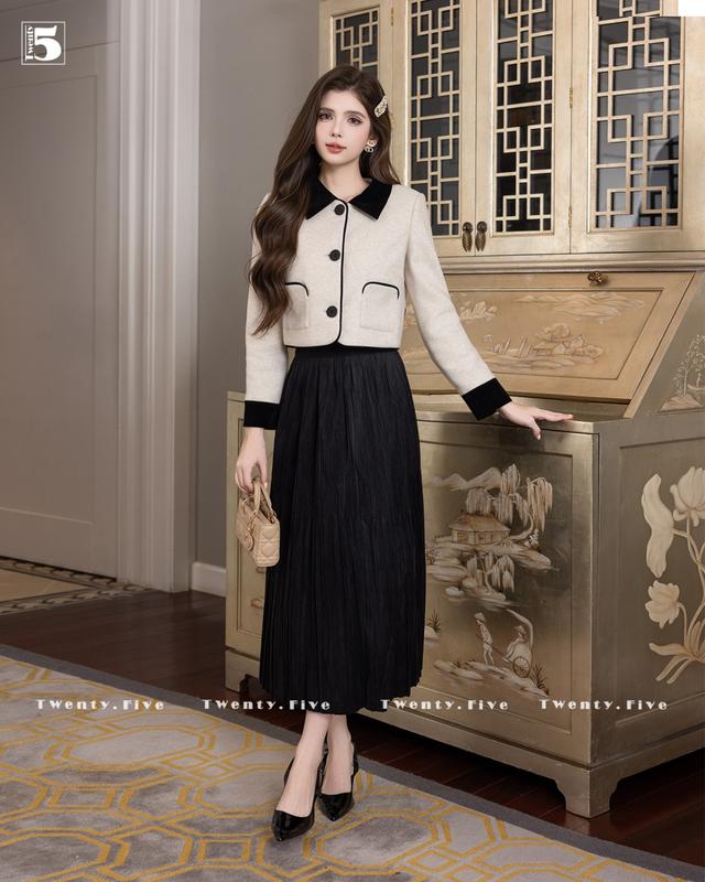  Twenty.Five KH01-05 Áo Khoác Dạ Nữ Lông Thỏ Be Có Cổ Phối Viền Nhung Túi Siêu Sang Chảnh Size S M L XL 