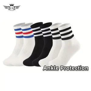 3 PASANG kaos kaki wanita pria sport old school pendek motif setrip / garis / remaja dan dewasa tebal Panjang diatas mata kaki