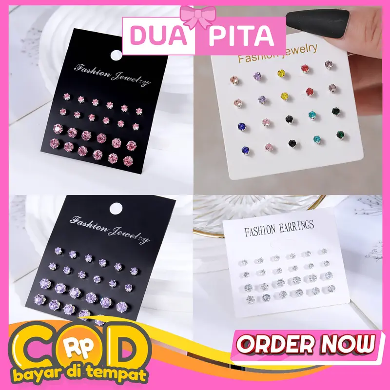 JR07 Anting Set Tusuk Stud Kristal 10 Pasang Aesthetic Aksen Permata 0