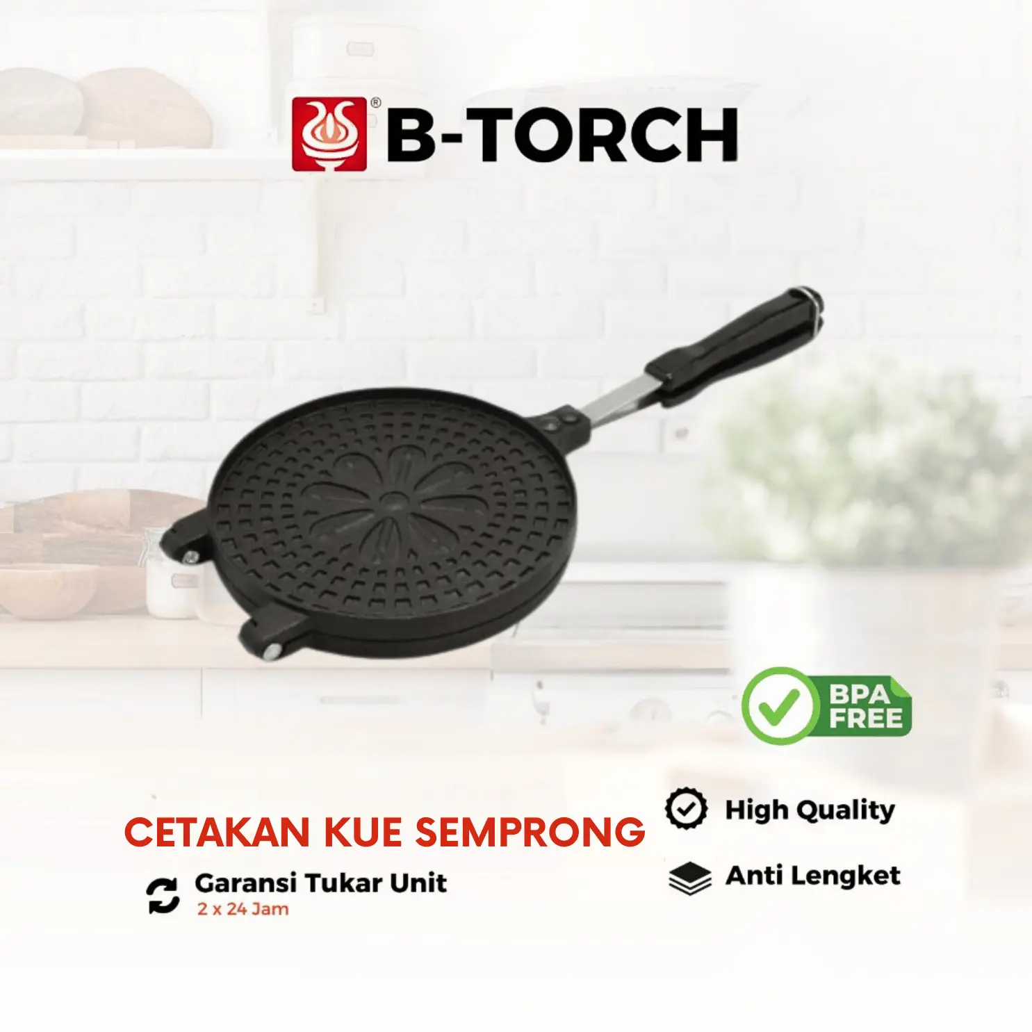 B-TORCH Teflon Cetakan kue semprong Egg Roll Premium Teflon pan Anti lengket Model Jepit