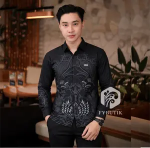 Kemeja Batik Pria Lengan Panjang Motif Terbaru Batik Kantor Kerja Seragam Batik Kratonan Katun Halus Atasan Printing Baju Lembut Keren Cowok Hitam