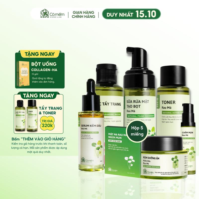 [COMBO TẶNG 2 QUÀ MIỄN PHÍ] Trọn bộ Skincare Chăm Sóc Da Kiềm Dầu Giúp Giảm Mụn Rau Má Chuyên Sâu Bọt Rửa Mặt, Nước Tẩy Trang, Toner, Kem Duỡng, Serum, Chấm Mụn, Mặt Nạ Cỏ Mềm