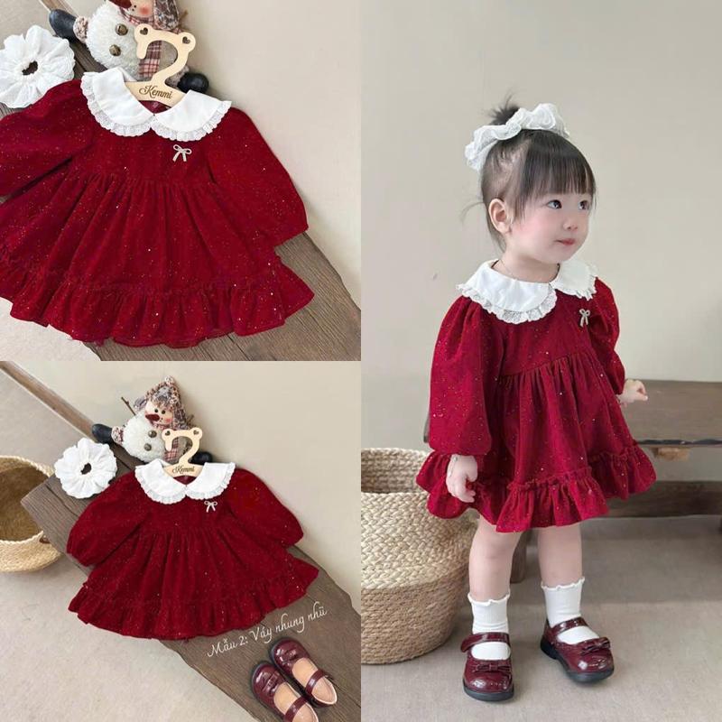    SẴN  Váy nhung đỏ lấp lánh cho bé gái sz 5-18kg tay dài màu đỏ  Nhận làm theo yêu cầu   
