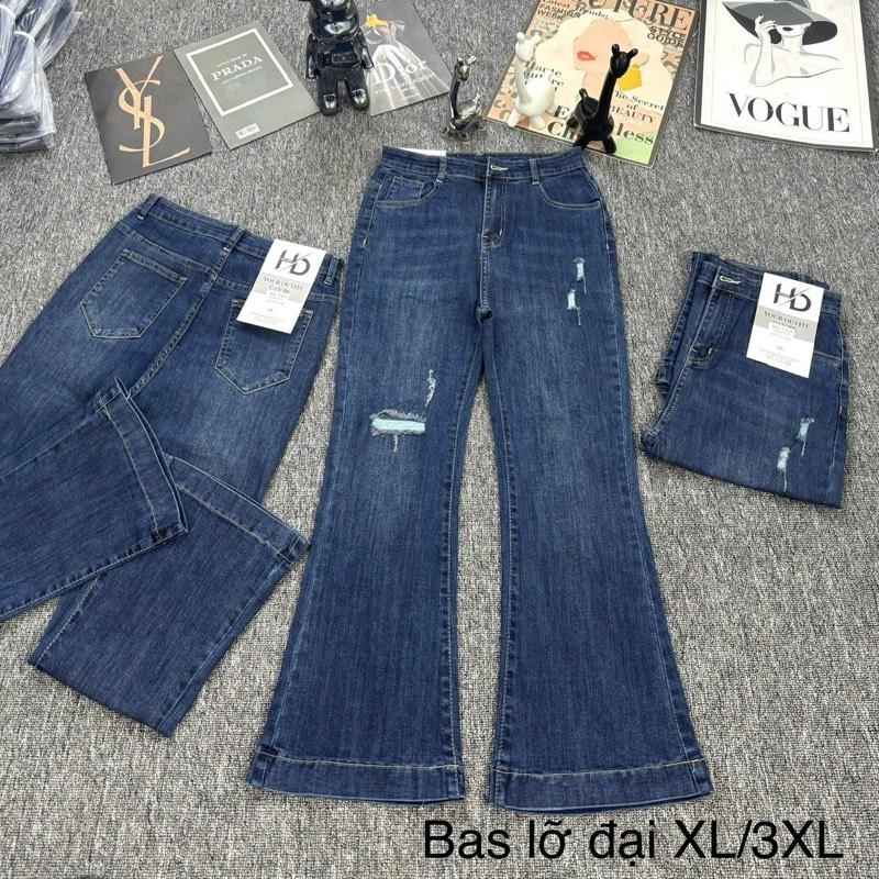 BIGSIZE Jean ống loe lỡ rách kiểu lưng cao lai 3 phân form dáng gọn gàng xinh xắn  chất jeans co giãn dày dặn