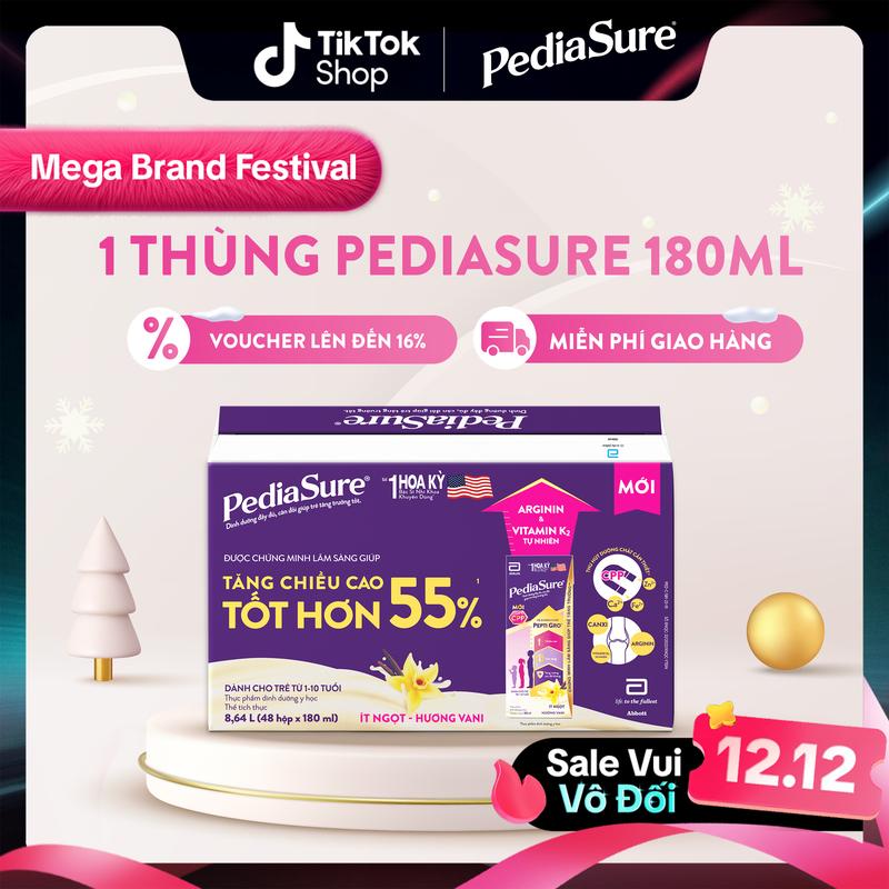 Thùng 48 hộp sữa PediaSure pha sẵn chính hãng hương vani ít ngọt 180ml