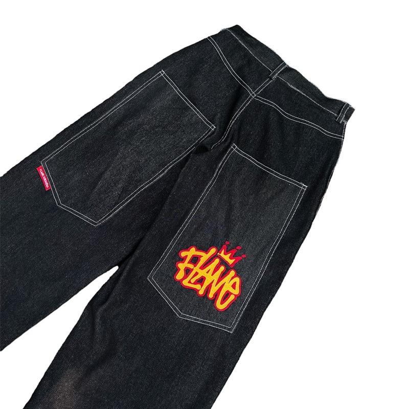 Product Introduction of Flame Everyday Celana Denim Y2K Denim Big Pocket Bordir Raw Denim 13oz Jeans Panjang Pria 74