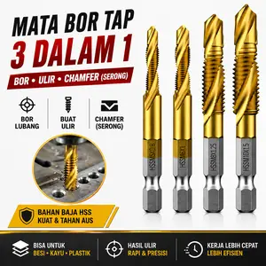 Mata Bor Tap Kombinasi 3 in 1 HSS Titanium M3-M10 | Bor Tap Ulir Chamfer Hex Shank