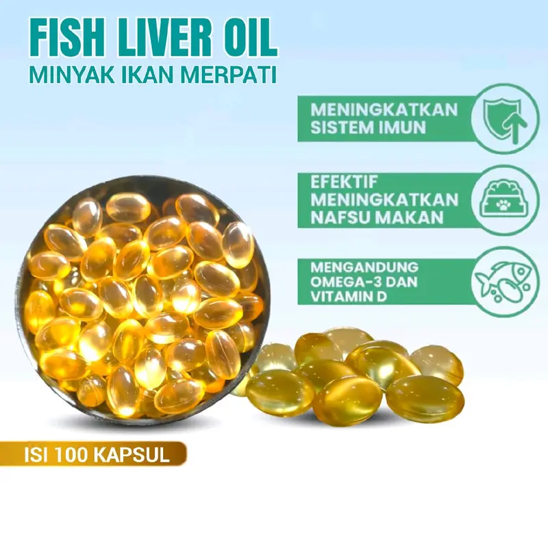 MINYAK IKAN  FISH LIVER OIL BURUNG DAN KUCING  KEMASAN 100 BUTIR Fish Oil untuk Kesehatan Kulit dan Bulu, Daya Tahan Tubuh, Kesehatan Jantung, Mengatasi Bulu Rontok 5