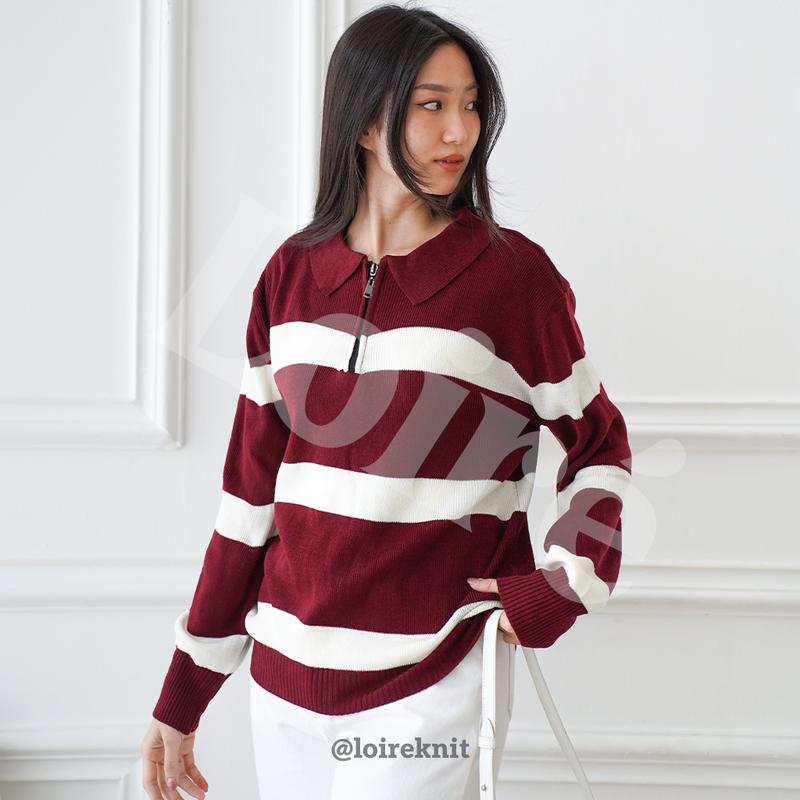 LOIRE YUNA Sweater Stripe Zipper Top Knit Atasan Baju Oversize Knitwear 5