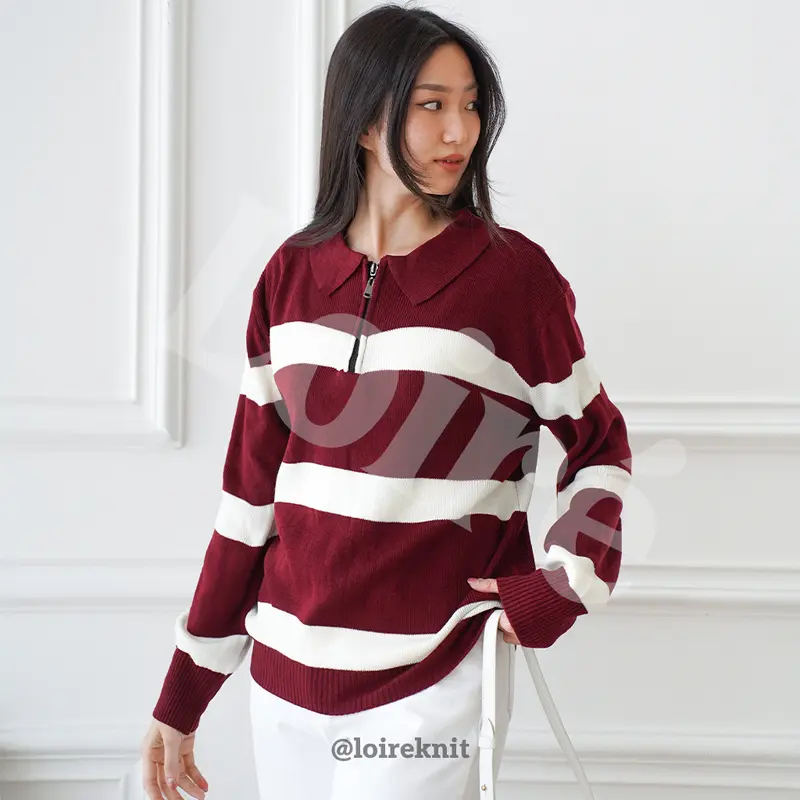 LOIRE YUNA Sweater Stripe Zipper Top Knit Atasan Baju Oversize Knitwear 5