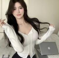 Gambar 【NEW】Women Crop Top V-Neck Long Sleeve Slim Fit Long Sleeve 1820 (S/M/L) - Black, S dari 99koutlet Kab. Tangerang 5 Tokopedia