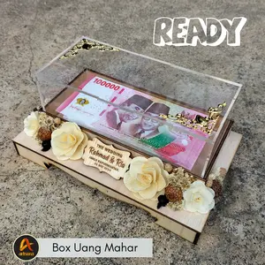Box Mahar Uang Seserahan desain Rustic Tutup Akrilik Bisa Pakai Nama Mempelai / Kotak Mahar Bunga Rustic Gold
