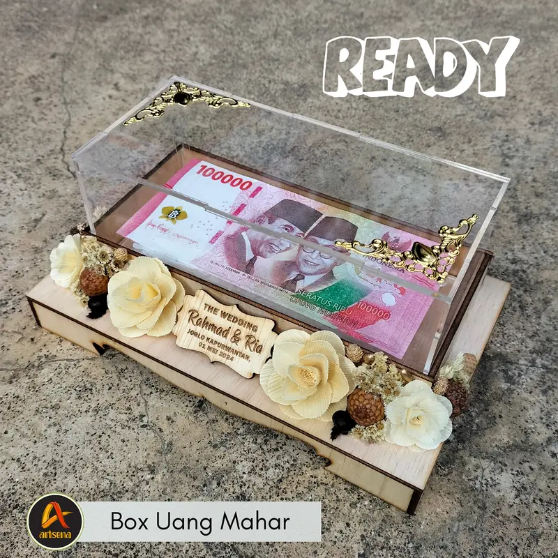 Box Mahar Uang Seserahan desain Rustic Tutup Akrilik Bisa Pakai Nama Mempelai / Kotak Mahar Bunga Rustic Gold 0