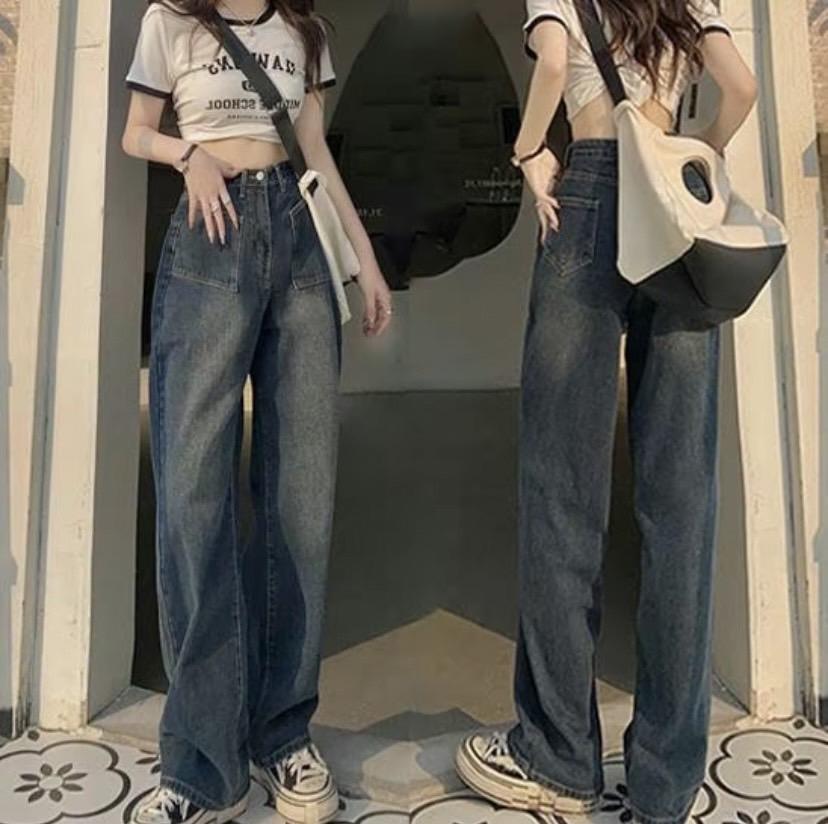 New Size S-12XL กางเกงยีนส์ ขายาว ทรงกระบอกกลาง เอวสูง (สม๊อคหลัง)แฟชั่น สไตล์เกาหลี มี4สี สีกรมฟอก 