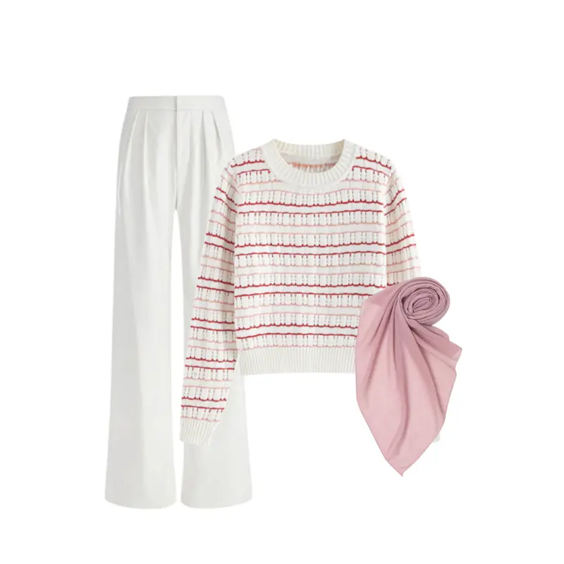 One Set Korean Style (Sweater Warna-Warni, Knit Pants, Hijab) Setelan OOTD Wanita Kekinian - GGO15 1