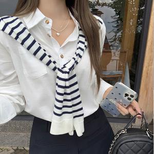 Áo Sơ Mi Cổ Polo Cổ Khăn Choàng Sọc, Thời Trang Hàn Quốc, Quần Áo Nữ Mùa Thu, Nhìn Xếp Lớp Sành Điệu, Phong Cách Lười Biếng Cao Cấp, 3319