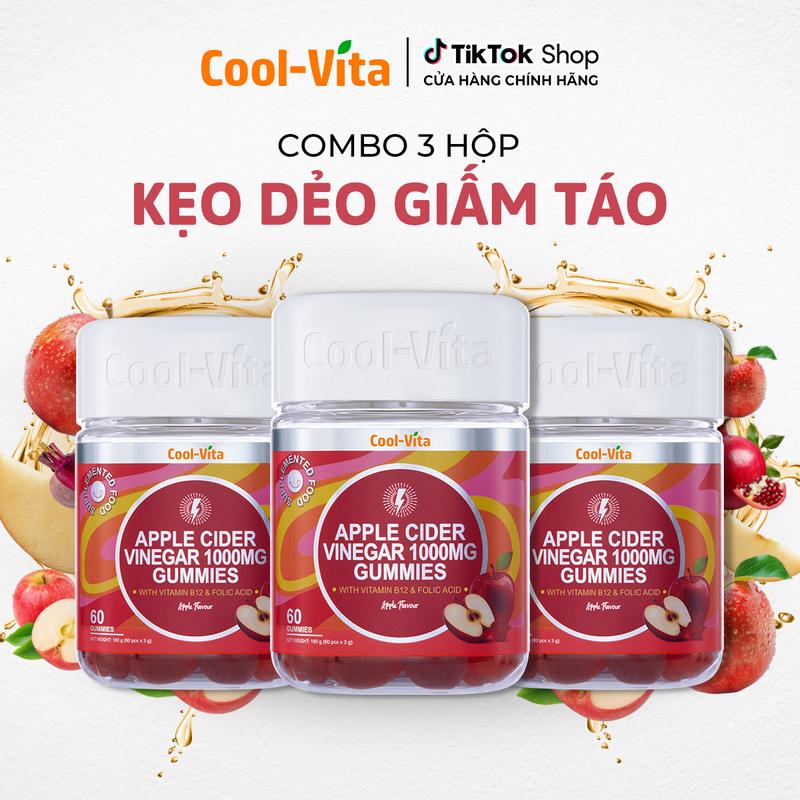 A Combo 3 Hộp Kẹo Dẻo Giấm Táo Hỗ Trợ Tiêu Hóa Hỗ Trợ Tăng Cường Miễn Dịch Bổ sung Vitamin B12 Apple Cider Vinegar Gummy Coolvita 60 viên x 3g hộp