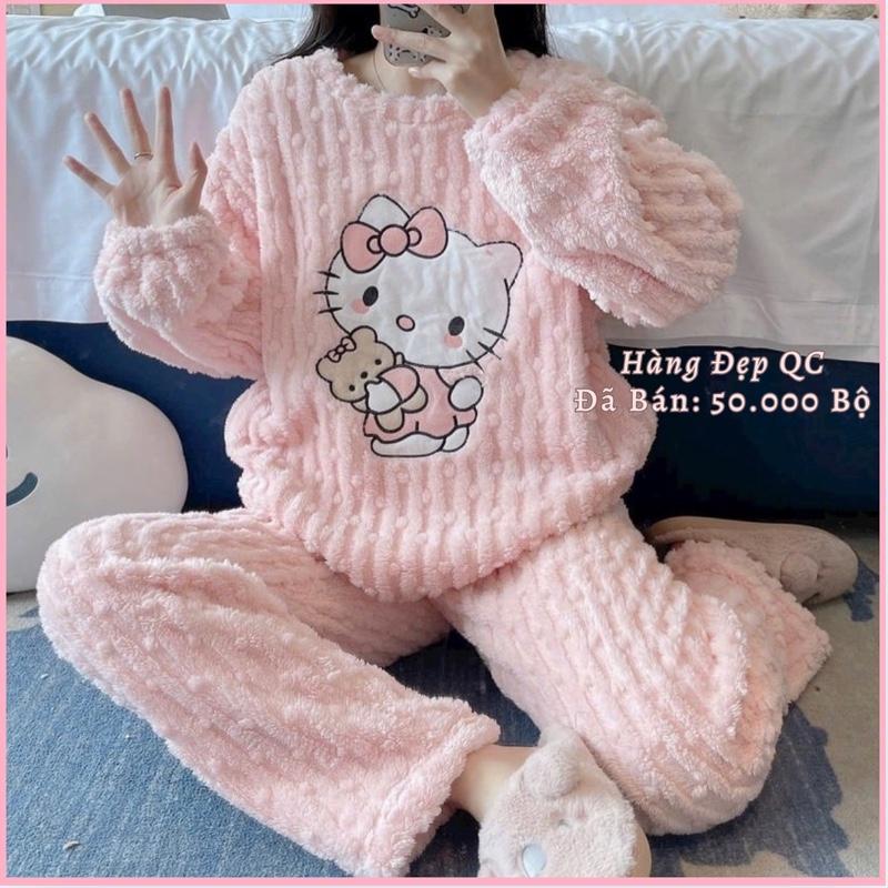EVA11-Hàng Đẹp QC Bộ Đồ Lông Giữ Nhiệt Bộ Ngủ Lông Hello Kitty Bộ Ngủ Nữ Lông Ủ Kem Quần Áo Lông Xoắn Dài Tay CÚN Ấm Áp Women Nho Voi Hồng Quần Ngủ