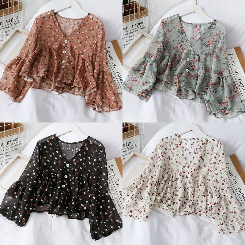 Women's V Neck Floral Print Sweet Small Fresh Long Sleeves Chiffon Shirt Blouses