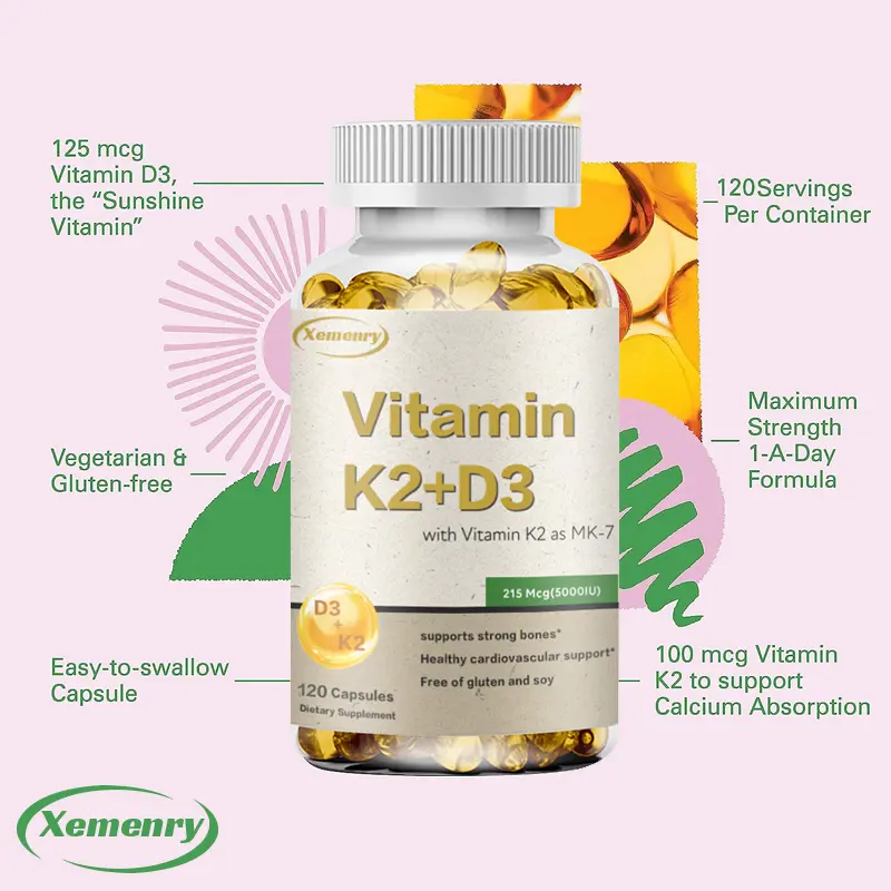 Xemenry - Vitamin D3 2000IU + K2 (MK7) 100mcg with Organic Extra Virgin Coconut Oil - Supports Calcium Absorption, Bone & Immune Health - Non-GMO, 120 Capsules 2